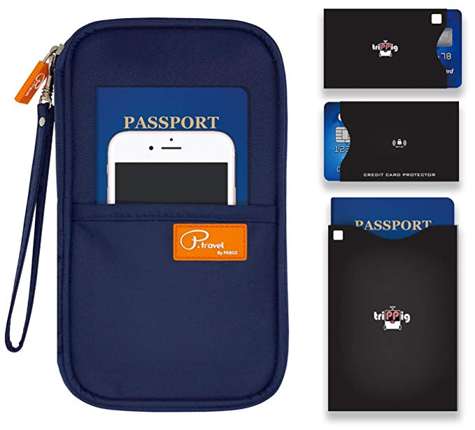 P.travel Passport wallet cover / Travel clutch bag / Credit Card cash organizer / Passport Holder with hand strap (Oxford Navy with RFID Stop) (Oxford Navy with RFID Stop)