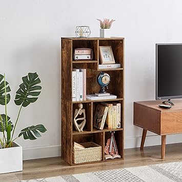 VECELO 42 Inch High Bookcase, 4-Tier Modern Storage Cabinet with Height Difference Shelves for Standard Textbooks, Floor Standing, 7 Cubes, Horizontal Available, Easy Assembly, Rustic Brown