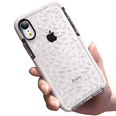 COOLQO Compatible for iPhone XR Case 6.1 inch, Girls Men Crystal Clear Slim 3D Diamond Pattern Soft TPU Dual Layer Air Cushion Shockproof Drop Protection Anti-Scratch Phone Protective Cover - White