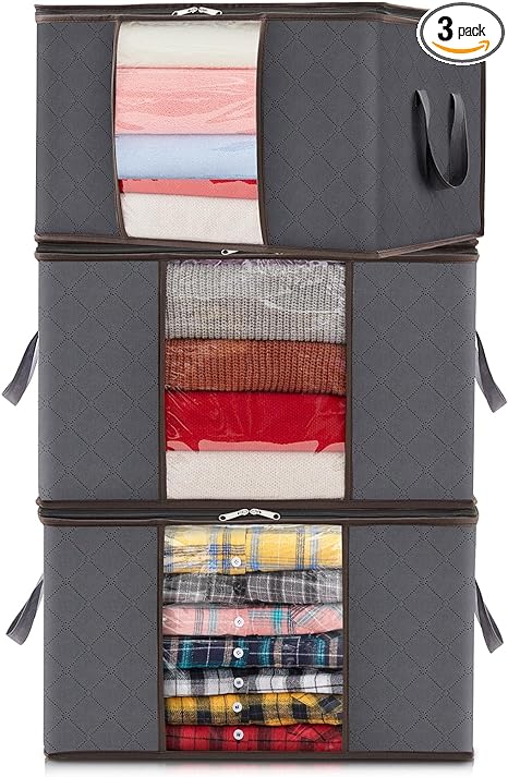 Lifewit 3 Packs Clothes Storage Bag, Storage Bins for Clothes, Blankets, Comforters, Foldable Clothing Storage with Reinforced Handle, Sturdy Zipper, Closet Organizer With Clear Window, Gray