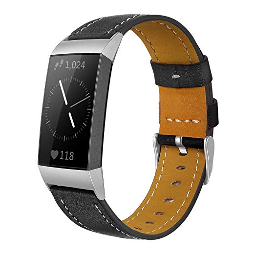 Shangpule Compatible for Fitbit Charge 3 & Charge 3 SE Bands, Genuine Leather Band Replacement Accessories Straps Charge 3 Women Men Small Large