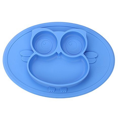 Kirecoo Babies Highchair Feeding Tray Round Silicone Suction Owl Placemat for Children, Kids, Toddlers,Kitchen Dining Table with Built in Plate and Bowl (Blue)