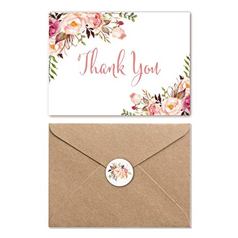 Floral Thank You Cards with Envelopes 4 x 6 in Folded - Modern Watercolor Flower Thank You Note Greeting Cards 25 Pack, Blank On the Inside, Brown Kraft Envelopes and Stickers Included0