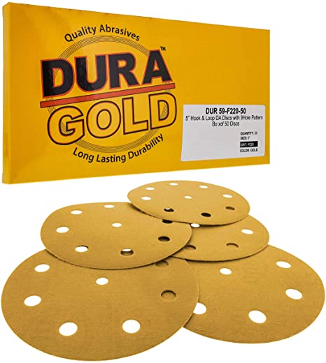 Dura-Gold - Premium - 220 Grit - 5" Gold Sanding Discs - 9-Hole Pattern Dustless Hook and Loop for DA Sander - Box of 50 Finishing Sandpaper Discs for Woodworking or Automotive