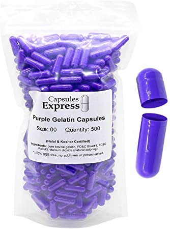Capsules Express- Size 00 Purple Empty Gelatin Capsules 500 Count - Kosher and Halal - Pure Gelatin Pill Capsule - DIY Powder Filling