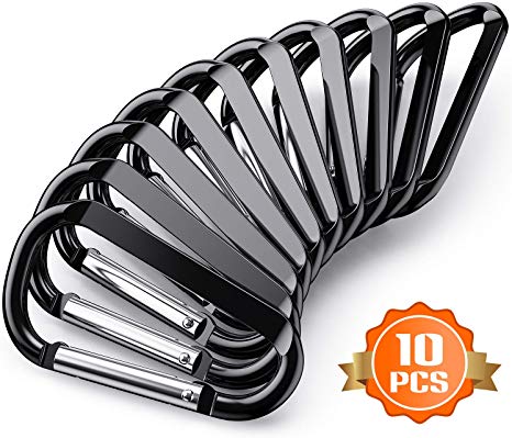 BUCKLLY 3" Carabiner Buckles Pack, Black Spring Snap Keychain Clip, Aluminum D Shaped Hooks, Strong and Lightweight Keyrings, Multipurpose for Camping, Hiking, Fishing Or As A Key Organizer