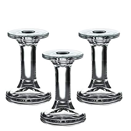 Light In The Dark Set of 3 Glass Candle Stick Holders - Round Taper Candles Holder – for Candlestick, Dinner Candles, Party and Wedding Centerpieces, Table Decoration (5.5 Inch Tall)