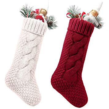 Pack 2, 18" Unique Burgundy and Ivory White Knit Christmas Stockings