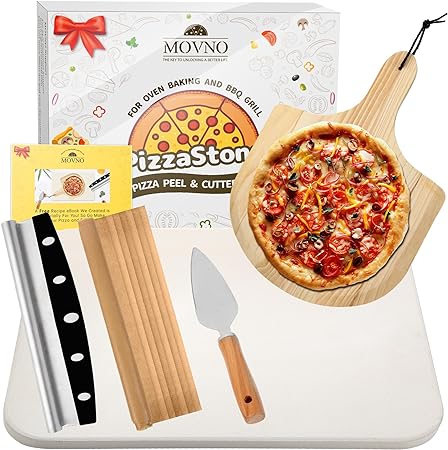 Pizza Stones Set - 15 x 12 Inch Large Pizza Stone for Oven and Grill Durable and Safe Baking Stone Thermal Shock Resistant Cooking Stone with Wooden Pizza Peel Paddle & Cutter