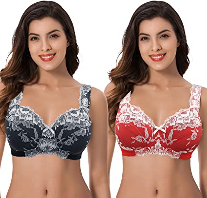 Curve Muse Plus Size Unlined Minimizer Wire Free Bra with Embroidery Lace-3or2PK