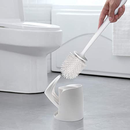 TPR Toilet Brush and Holder, Silicone Toilet Bowl Brush and Cleaning Tweezers for Bathroom, Stainless Steel and Plastic Handle (White) (Standard)