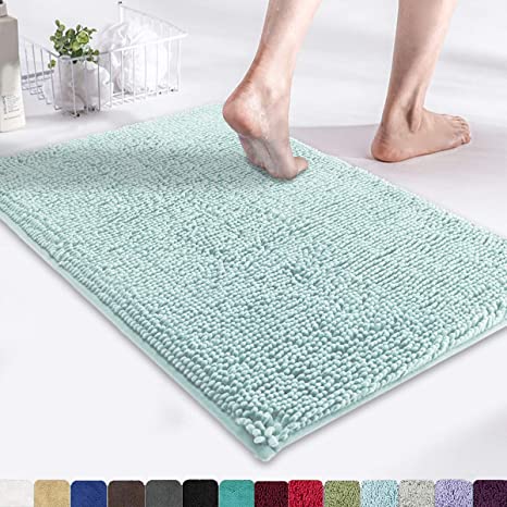 MAYSHINE 17x24 Inches Non-Slip Bathroom Rug Shag Shower Mat Machine Washable Bath Mats with Water Absorbent Soft Microfibers of Spa Blue
