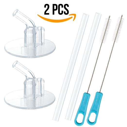 4 PCS(2 Straws 2 Cleaning Brushes) Thermos Replacement Straws with Stems, for Thermos Funtainer 12 Ounce Bottle F401, Silicone Drinking Straws Set with Cleaning Brushes
