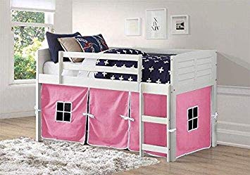 Donco Kids 795-ATW-750C-TP Louver Low Loft Bed with Pink Tent Twin White