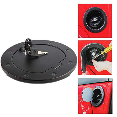 Non fading Black Fastness Gas Cap Fuel Filler Door Cover Moonet Powder Coated Steel Gas Fuel Tank Gas Cap Cover Accessories for 2007-2018 Jeep Wrangler JK & Unlimited Sport Rubicon Sahara with Lock