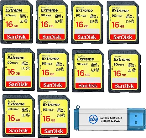 SanDisk Extreme 16 GB SD Card (10 Pack) Speed Class 10 UHS-1 U3 C10 4K HD16G SDHC Memory Cards for Compatible Digital Camera, Computer, Trail Cameras