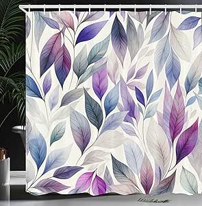 Ambesonne Lavender Shower Curtain, Art Winter Themed Dancing Leaves with Indigo Tones on Plain Background, Cloth Fabric Bathroom Decor Set with Hooks, 69" W x 70" L, Blue Grey Pale Purple