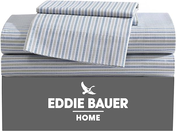 Eddie Bauer - Twin Sheets, Cotton Percale Bedding Set, Crisp & Cool Home Decor (Ticking Stripe Navy/Green, Twin)