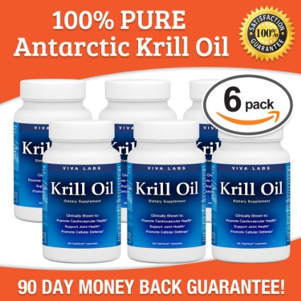 Viva Labs Krill Oil 100 Pure Antarctic Krill Oil - Highest Levels of Omega-3s in the Industry 1250 Mgserving 360 Capliques 1 Pack of 6 Bottles