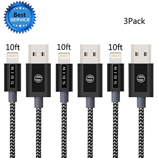 iPhone Cable SGIN,3Pack 10FT Nylon Braided Cord Lightning Cable Certified to USB Charging Charger for iPhone 7,7 Plus,6S,6 Plus,SE,5S,5,iPad,iPod Nano 7 - Black Grey