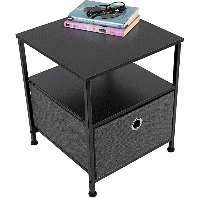 Sorbus Nightstand 1-Drawer Shelf Storage- Bedside Furniture & Accent End Table Chest for Home, Bedroom, Office, College Dorm, Steel Frame, Wood Top, Easy Pull Fabric Bins (Black/Charcoal)