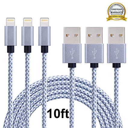 Airsspu Lightning Cable,3Pack 10FT Extra Long Nylon Braided USB Cord Charging Cable for iPhone 5/5S/5C/SE 6/6S 6 Plus/6S Plus 7/7 Plus, iPad mini/Air/Pro iPod touch/nano 7(Gray White,10FT)