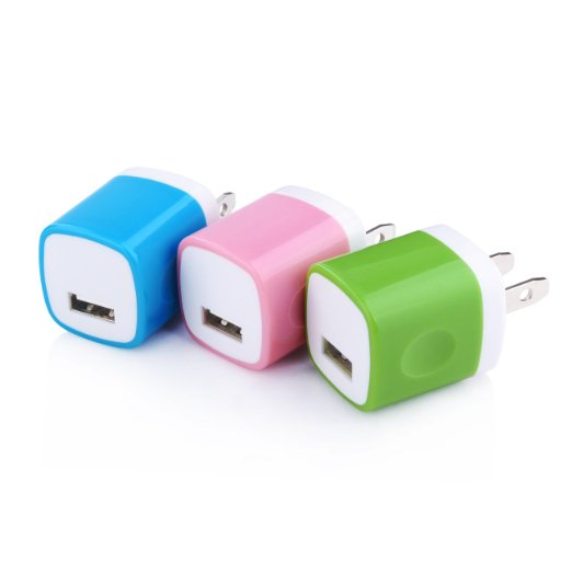 Wall Charger Ailkin 3-Pack 5V1AMP 1-Port USB Home Travel Wall Charger Plug Power Adapter For iPhone 6s6s plus 66 plus 5S 5 4S Samsung S6 S5 S4 S3 HTC LG And More Green Pink Blue