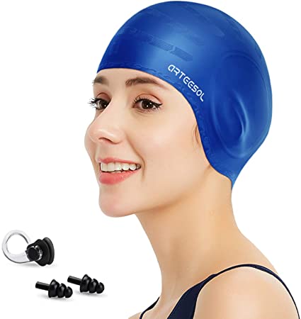 arteesol Swimming Cap, Silicone Swim Cap for Women Men, Durable Non-Slip Waterproof Swim Cap Protect Ears, Long Hair for Adults, Older Kids, Boys and Girls