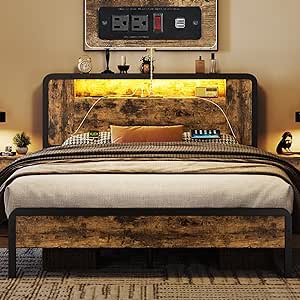 Yaheetech Queen Bed Frame Metal Bed with Wooden Headboard/Footboard, Storage Space and Adjustable LED Light, Mattress Foundation, Charging Station/Port, No Box Spring Needed, Rustic Brown Queen Bed