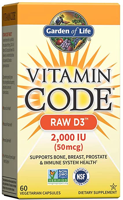 Garden of Life Vitamin D, Vitamin Code Raw D3, Vitamin D 2,000 IU, Raw Whole Food Vitamin D Supplements with Chlorella, Fruit, Veggies & Probiotics for Bone & Immune Health, 60 Vegetarian Capsules