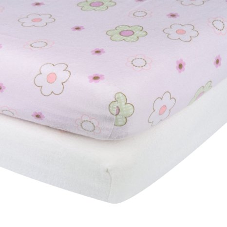 TillYou 100% Cotton Flannel 2 Pack Crib Sheet--White & Flower