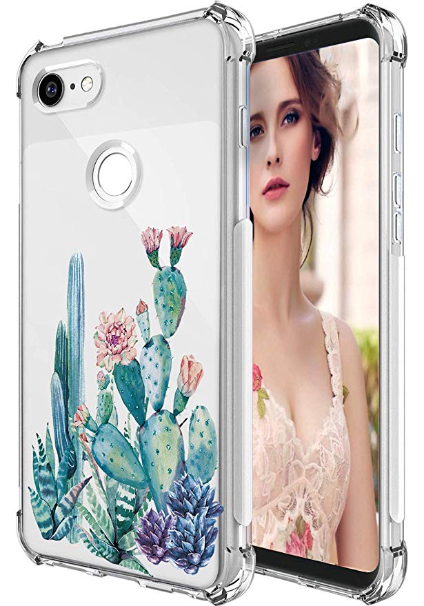 Google Pixel 3 Case,Pixel 3 Case with Flower,LUOLNH Slim Shockproof Clear Floral Pattern Soft Flexible TPU Back Cover for Google Pixel 3(Cactus)