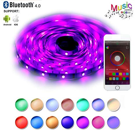LED Strip Lights Sync to Music Smart Phone Bluetooth Controlled 5m 16.4ft RGB 150LEDs 5050 12V Flexible Color Changing Light Strip Full Kit Working with Android,iOS APP