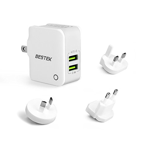 BESTEK 2-Port USB Wall Charger with UK EU AU Worldwide Travel Plug Adapter, 2.4A Smart USB Charger for iPad, iPhone,Galaxy, Note, LG, Nexus, HTC