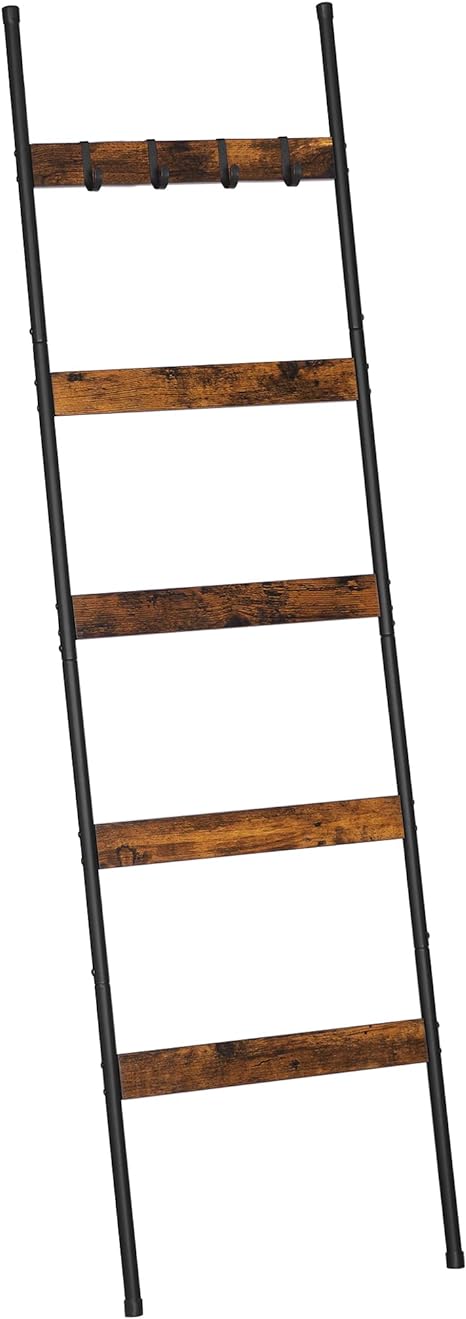 ELYKEN Blanket Ladder for Living Room, Farmhouse 5 -Tier Quilt Holder with 4 Removable Hooks for Bathroom, Wood Towel Rack Display, Wall Anchor Leaning Decorative Stand for Home Decor, Rustic Brown