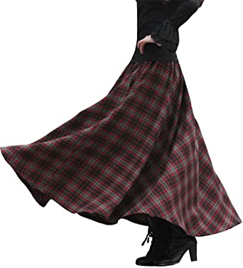 Femirah Women's Blue Pleated Plaid Skirt Winter Woolen Long Maxi Skirt