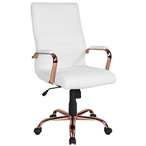 Flash Furniture High Back White Leather Executive Swivel Chair with Rose Gold Frame and Arms