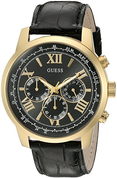 GUESS Men's Quartz Stainless Steel and Leather Casual Watch, Color:Black (Model: U0380G7)