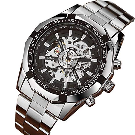 GuTe Classic Skeleton Mechanical Wristwatch Automatic Steel Watch Silver Black X Dial