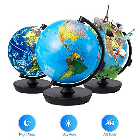 Globe 3 in 1 Illuminated Smart World Globe with Built-in Augmented Reality Technology, Earth by Day, Constellations by Night, AR App Experience, Adventure and Discovery, Educational Gift for Child