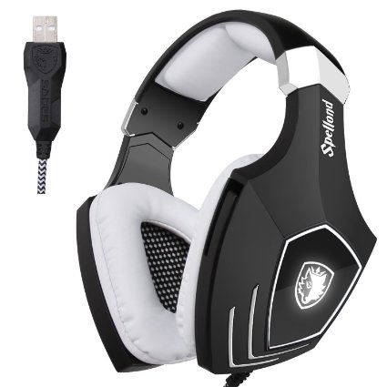 [2016 Newly Updated USB Gaming Headset] SADES OMG PC Computer Over Ear Stereo Heaphones With Microphone Noise Isolating Volume Control LED Light (Black White)