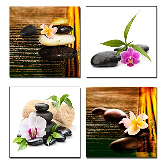 Wieco Art - Zen Stone Flowers 4 Piece Modern Stretched and Framed Artwork Floral Giclee Canvas Prints Brown Nature Pictures Paintings on Canvas Wall Art for Living Room Bedroom Home Decorations