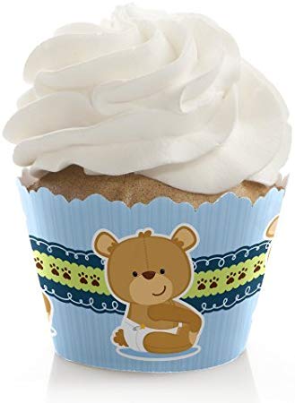 Boy Baby Teddy Bear - Baby Shower Decorations - Party Cupcake Wrappers - Set of 12