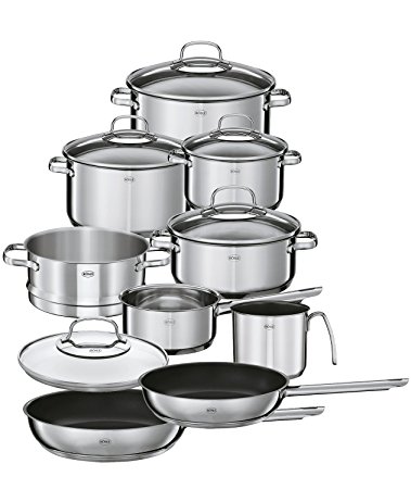 Rösle Elegance - Stainless Steel 14-Piece Cookware Set - 4 Stockpots, 2 Non-stick Pans, 1 Saucepan, 1 Milk pot, 1 Steamer and 5 Glass Lids