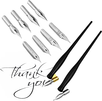 2 Sets/ 10 Pieces Dip Pen Set Include 2 Pieces 2-in-1 Calligraphy Oblique or Straight Penholder with an Interior Nib Compartment and 8 Pieces Replacement Nibs