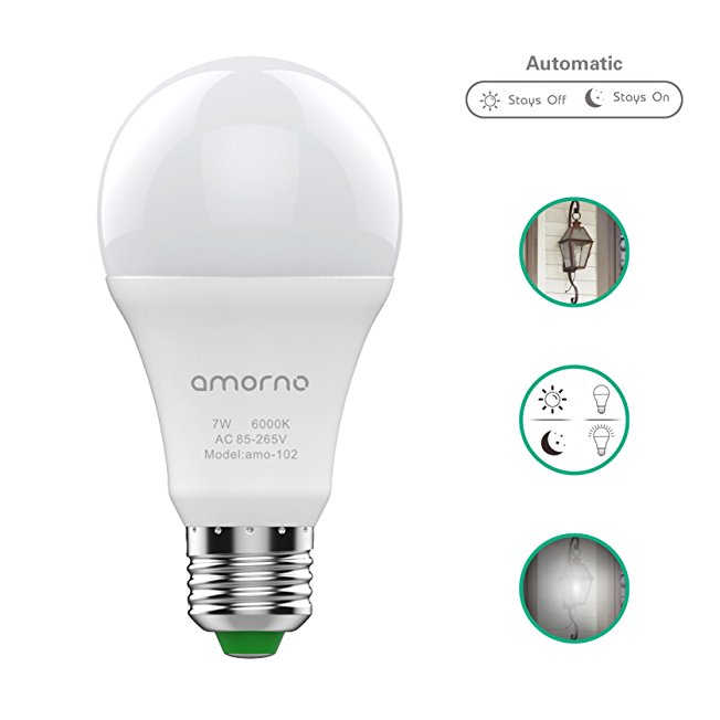 Dusk to Dawn light Bulbs,AMORNO 7W E26/E27 Smart Sensor Light Bulb with Auto on/off, Indoor / Outdoor LED Lighting Lamp for Porch, Hallway, Patio, Garage,Hallway(Cool White)