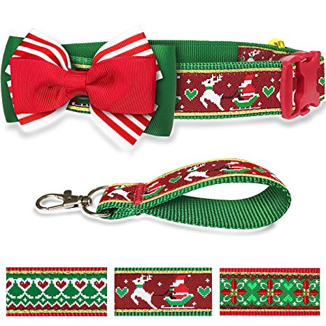 Pet Rejoir 5 Patterns Christmas Dog Collar with Detachable Bowtie & 8 Designer Holiday Dog Collars- Neck 12~15", 15~19" and 19~25" Adjustable Collar for Small, Medium and Large Dogs