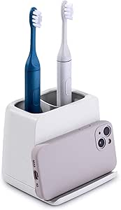 YouCopia The Ledge Toothbrush Holder, 2-Slot, Bathroom Vanity Counter Organizer with Cord Slots, Removable Base and Storage for Phones, Toothpaste and Accessories