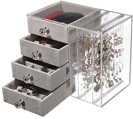 Cq acrylic Jewelry Box for Women with 4 Drawers, Hanging Velvet Jewelry Organizer for Earring Bangle Bracelet Necklace and Rings Storage Clear Acrylic Jewelry case,Gray