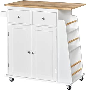 HOMCOM Desserte de Cuisine ilôt Cuisine Meuble avec Plan de Travail étagère Range-Bouteilles Porte-torchons 2 tiroirs Placard 2 Portes MDF Blanc hévéa